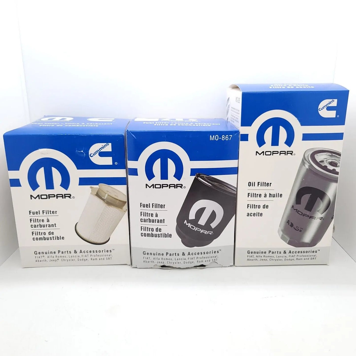 Mopar Diesel Fuel Filter and Oil Kit for Ram 2500-5500 Mopar Diesel Fuel and Oil Filter Set designed for the 6.7L engine. Mopar Diesel Fuel and Oil Filter Mopar Cummins fuel filters Set Mopar 68436631AA Fuel Water Separator Filter* Mopar 68157291AA and Mopar 68436631AA diesel fuel Mopar 6.7L Cummins suggested fuel filter change interval MOPAR Maintaining Engine Health with OEM Filters